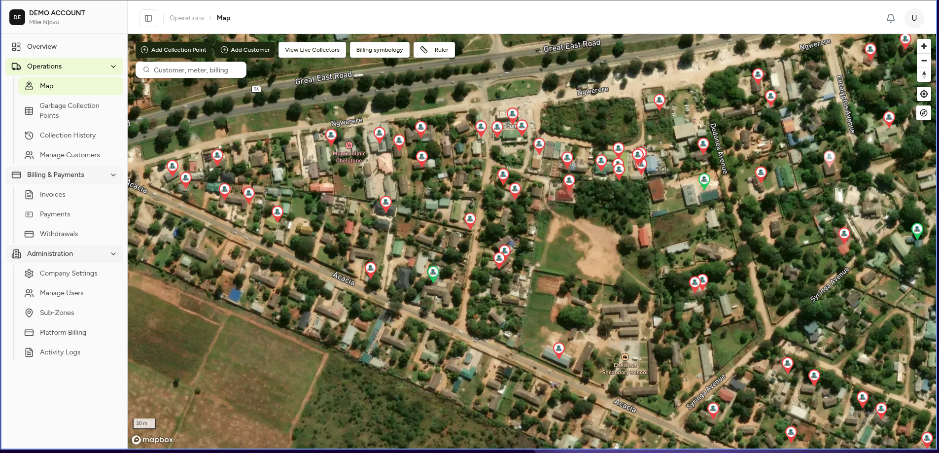 Garbage Operations Map showing collection points