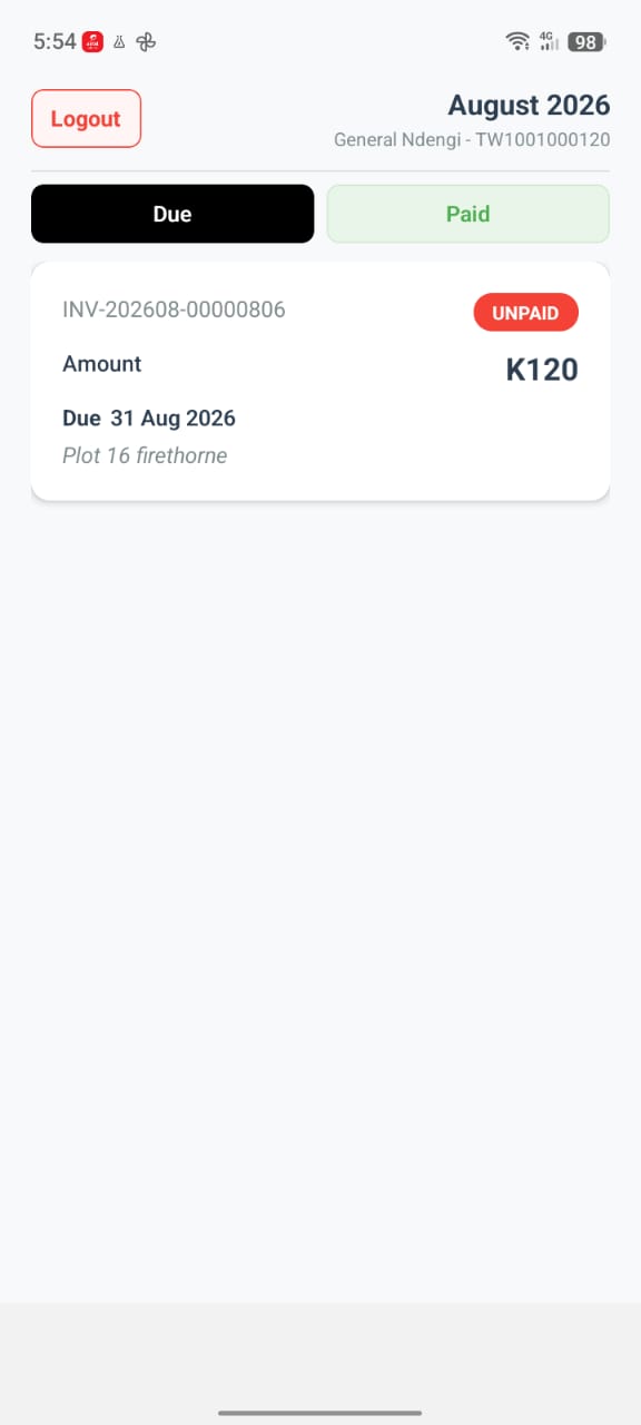 Home screen showing the Unpaid tab with an outstanding bill
