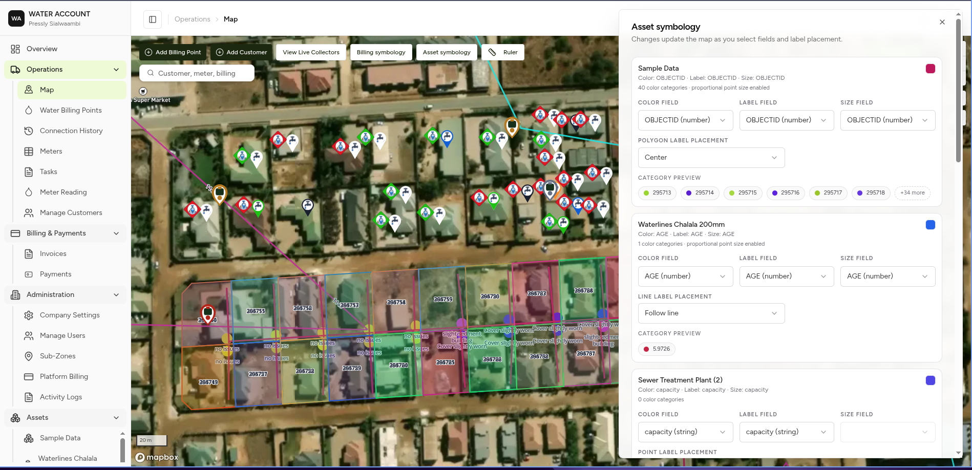 Assets on the map styled and previewed based on the selected visualization
