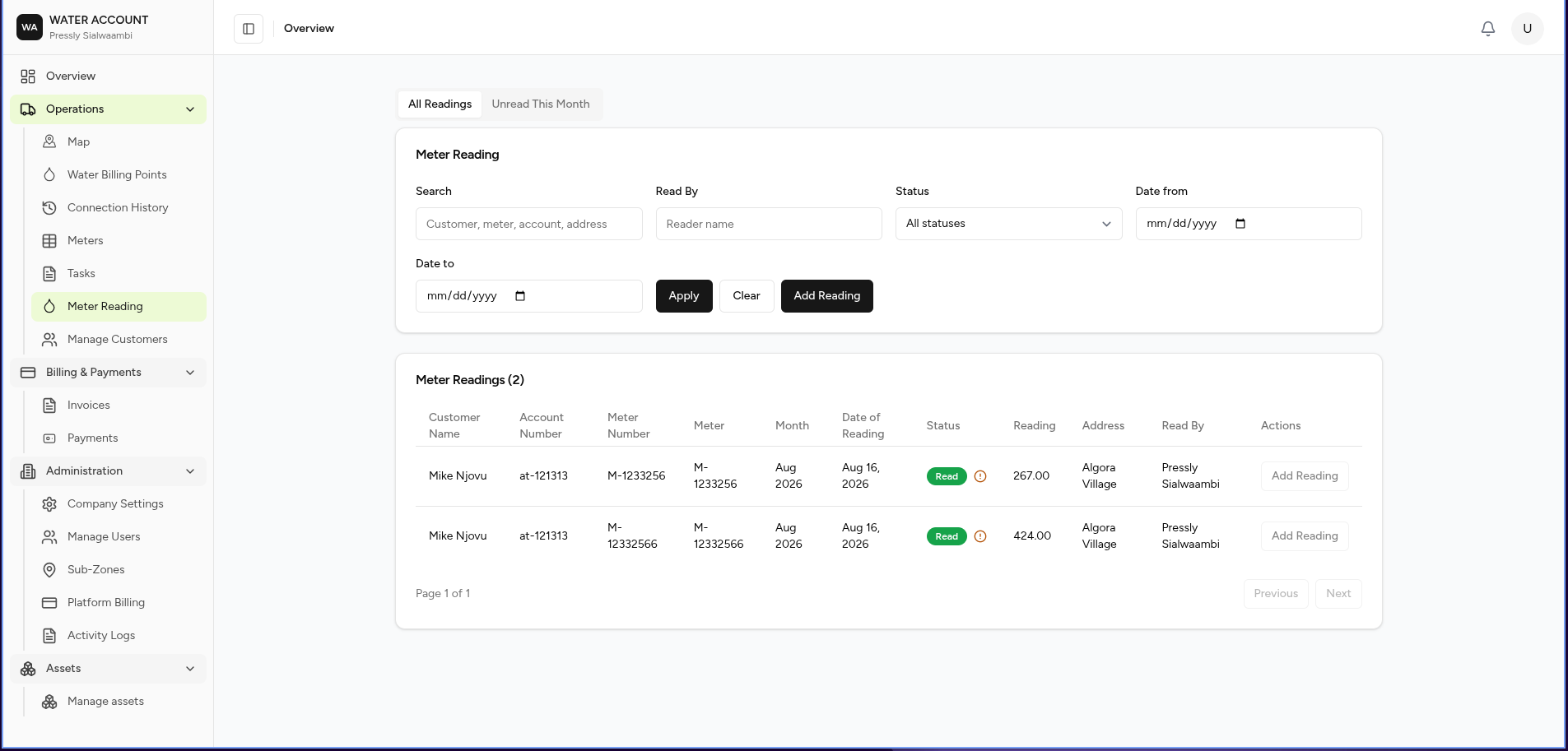 Meter Readings Dashboard