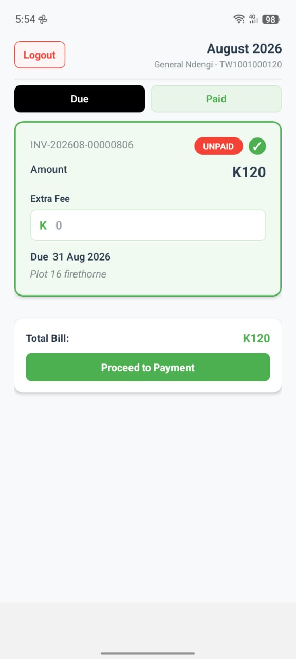 Bill selected, showing the amount entry and Proceed to Payment button