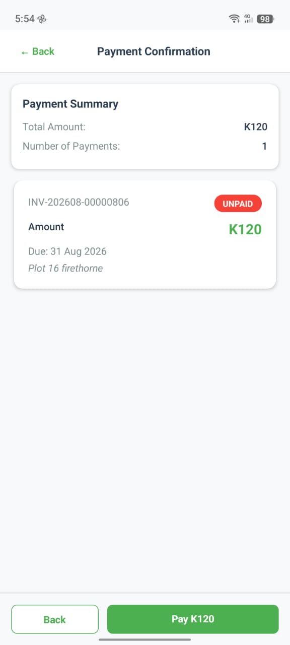 Payment Confirmation screen with the payment summary and Pay button