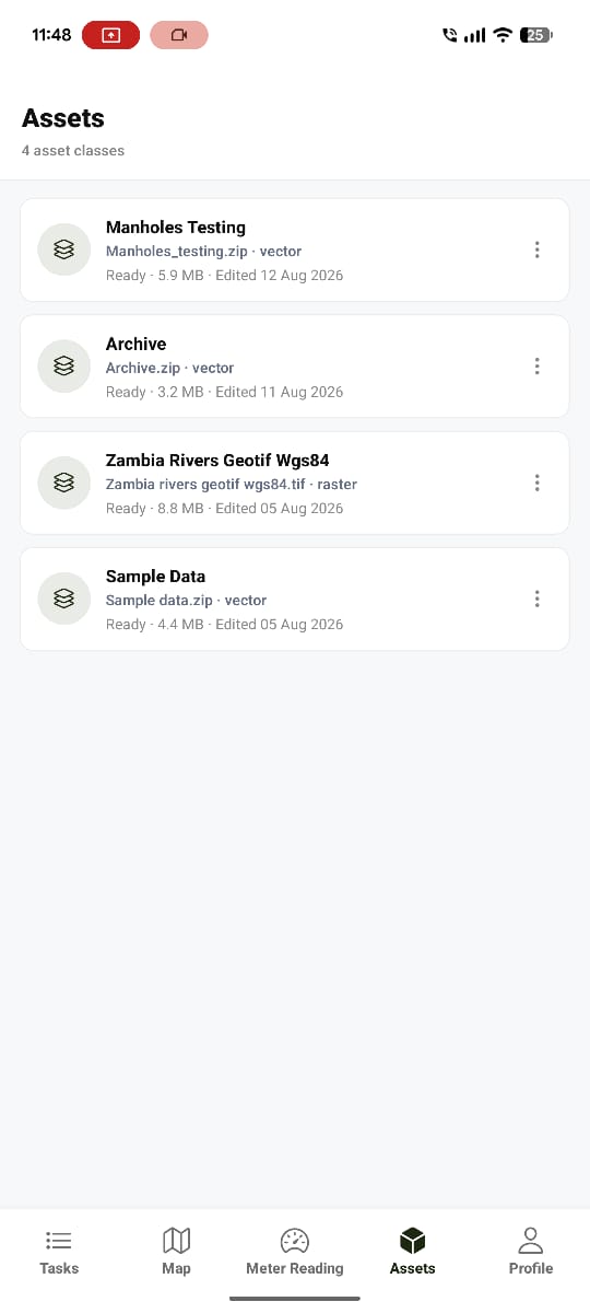 Water Works Assets tab showing a list of asset classes
