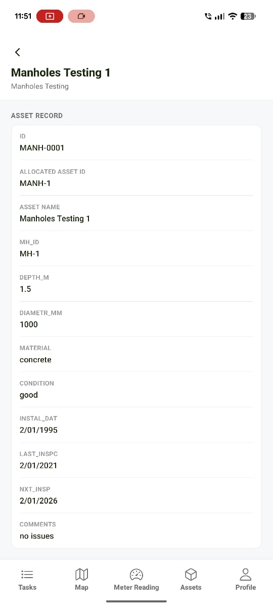 Individual asset detail screen with action buttons