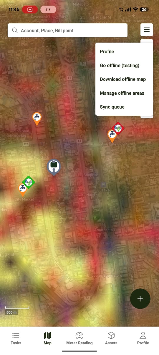 Map menu showing Profile, Offline Map, Manage Offline Areas, and Sync Queue