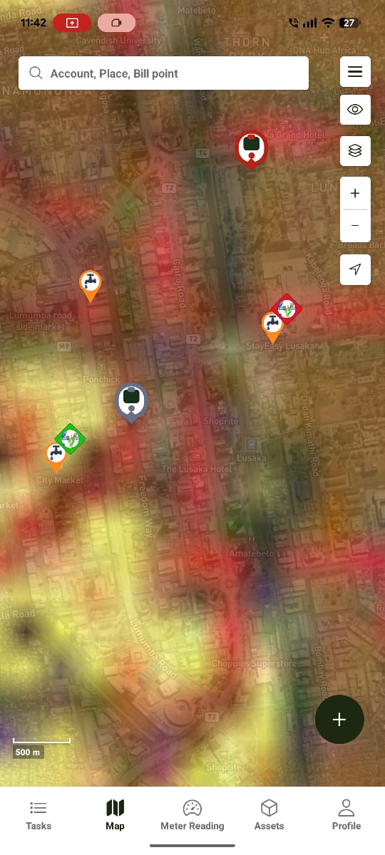 Water Works mobile map showing tasks, billing points, and meter markers