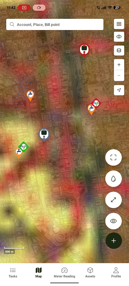 Floating + button expanded showing Meter Reading, Measure Distance, and View Collectors