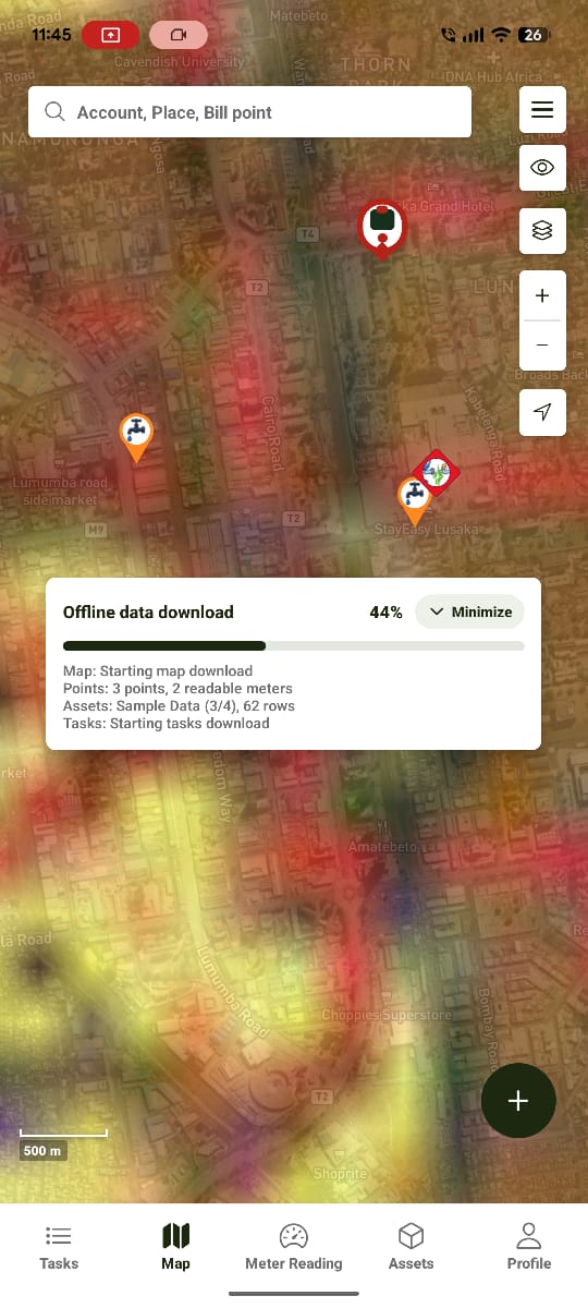 Offline download in progress, showing points, assets, and tasks