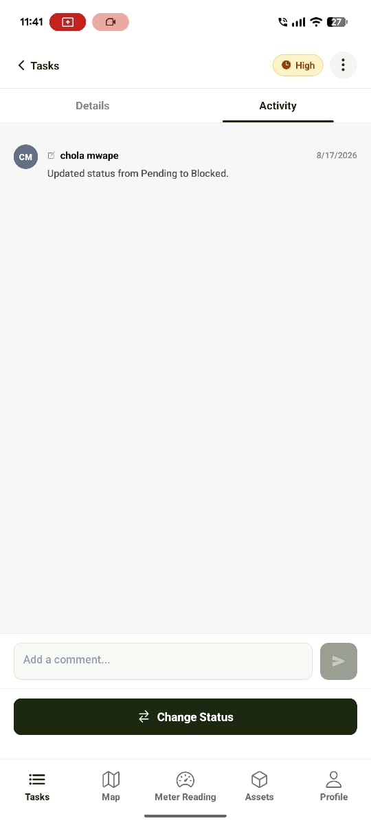 Task Activity tab with comment input