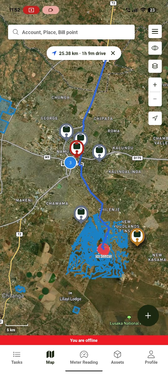 Get Directions result showing route, distance, and drive time to a task