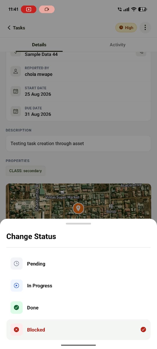 Task status change screen