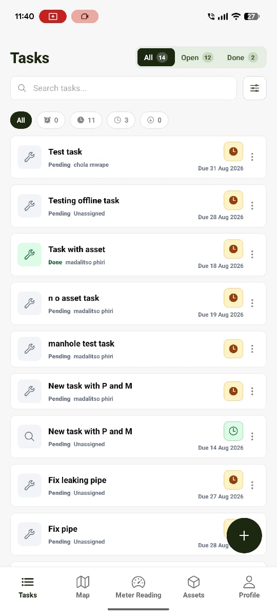 Water Works task list with filters and tabs